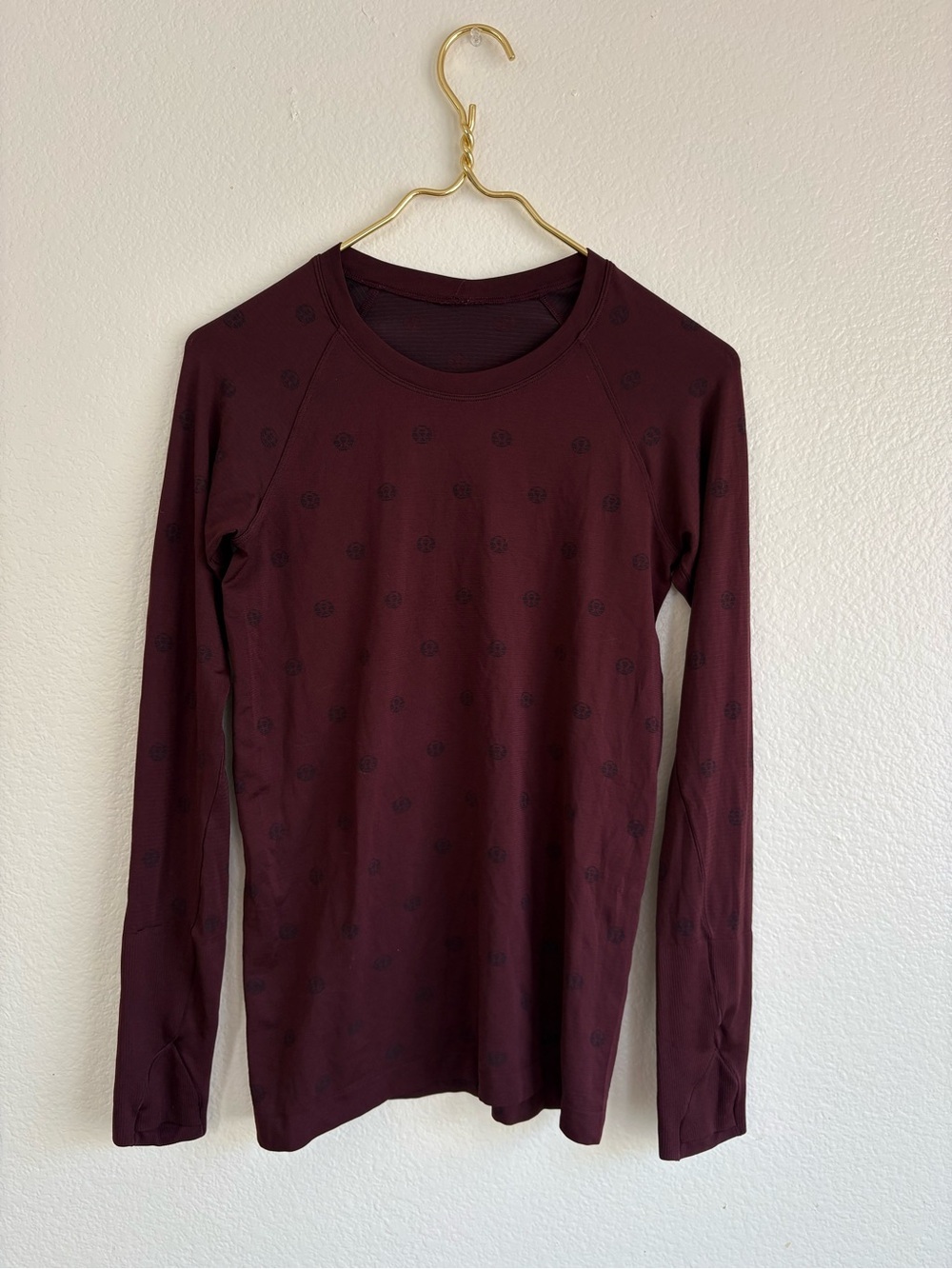 lululemon athletica Long Sleeve Crew Top - Deep Maroon with Tonal Dot Pattern